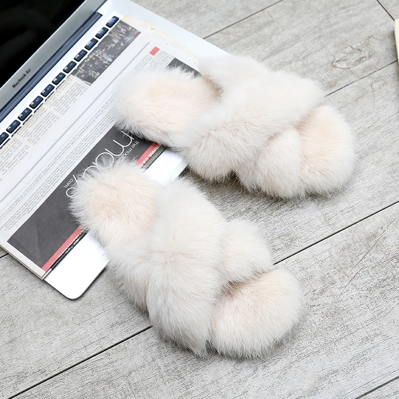 

Chowaring Women Slippers Fashion Autumn Winter Plush Slippers Women Nature Rabbit Fur Slides Flip Flops Flat Shoes White Black