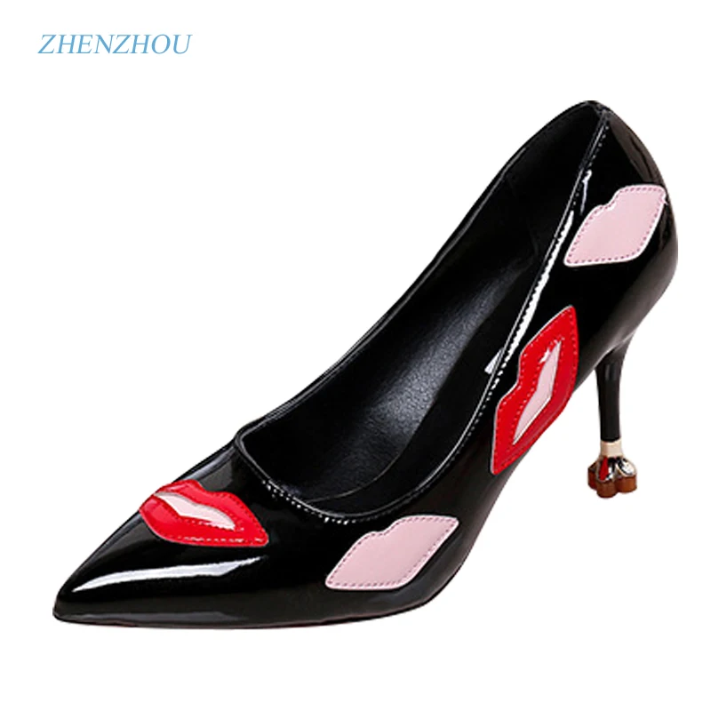 Zhen zhou/женские туфли; коллекция года; туфли-лодочки с губами; модные туфли сливы с пикантным принтом в виде губ; туфли на высоком каблуке с острым закрытым носком; Chaussures femme