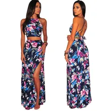 Boho New Sexy Women Two Piece Set Crop Top Long Skirt Floral Printed Halter Strapless Bandage Backless High Waist Casual Suit halter printed fringed crop top for women