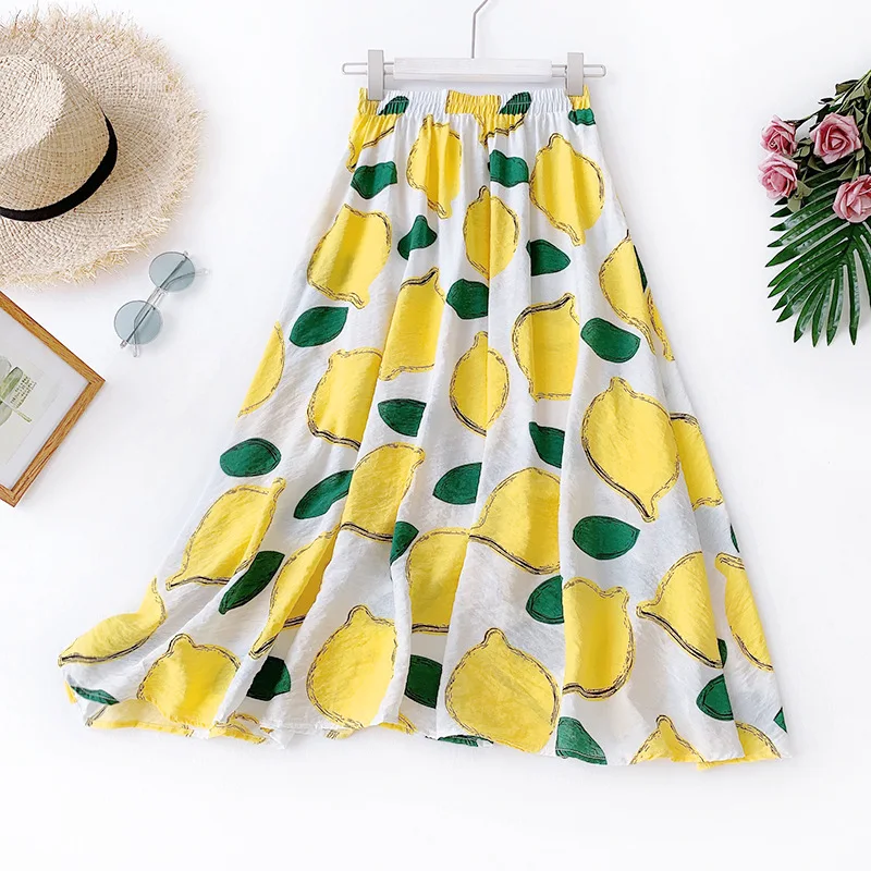 

AcFirst Summer White Cotton Yellow Women Skirt Casual High Waist A-Line Mid-Calf Long Skirts Clothing Printed Holiday Beach