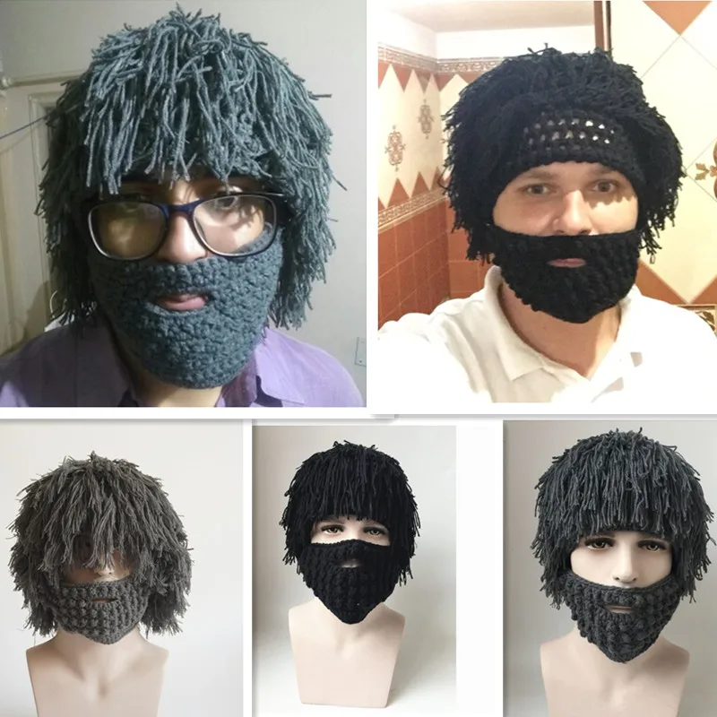Buy Wig beard hat for men Knitted beanies with windproof mask male Funny cap