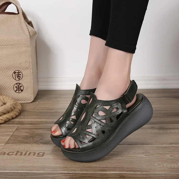 

2018 summer new leather retro thick bottom hollow women's sandals