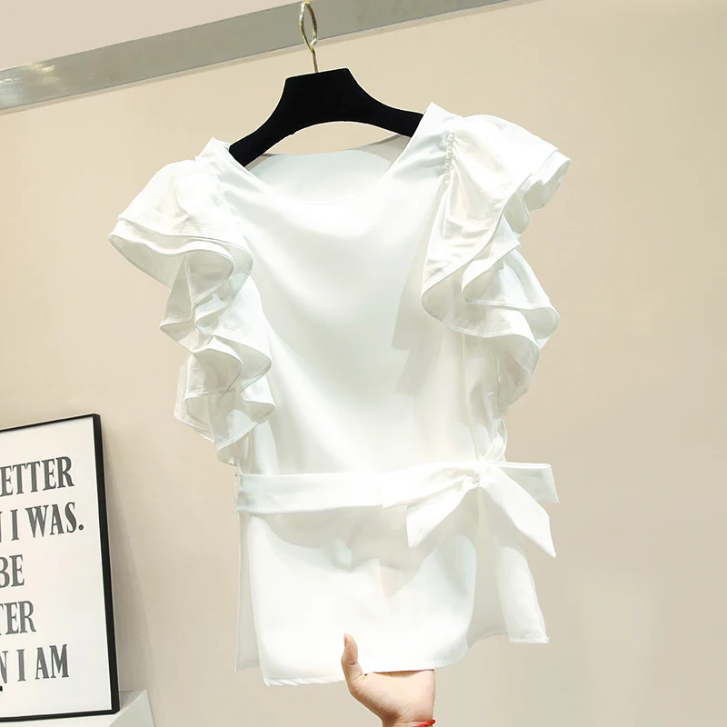 

2019 Korea New Summer Fashion Elegant White Shirts for Women Solid Color O Neck Ruffles Sleeve Top Loose Chiffon Blouses Female