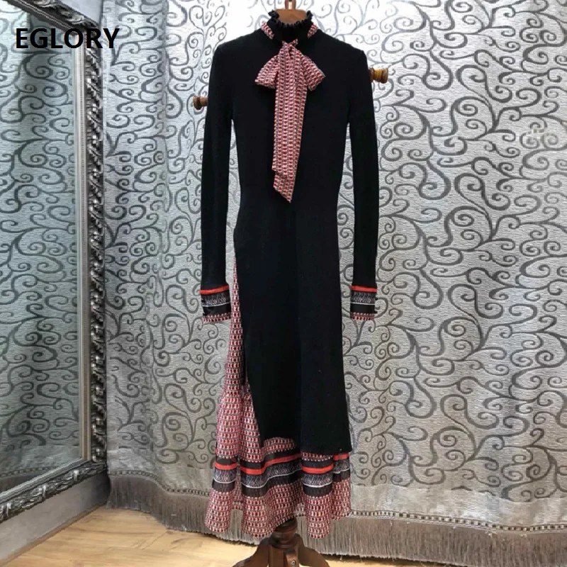 

Top Grade Designer Clothing Sets Sweater Suit Women Vintage Print Strap Dress+Bow Collar Long Sweater Dress Set Female Knitwear