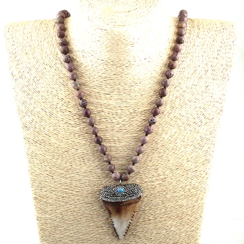 

Fashion Bohemian Tribal Jewelry Fashion long Knotted Stone Handmake Paved Teeth Pendant Ethnic Necklace