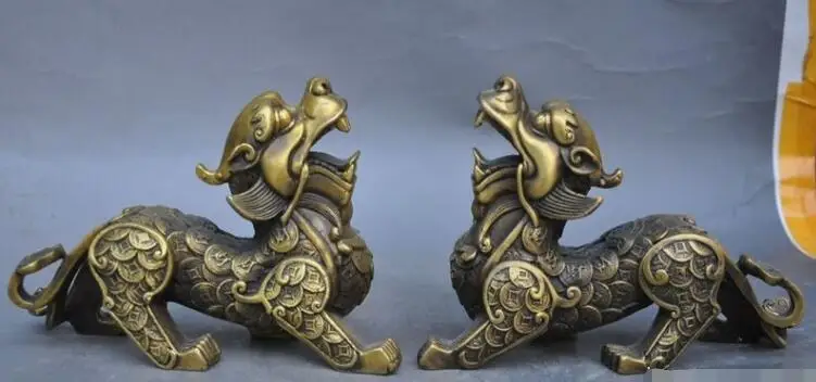 

S00459 china bronze wealth money PiXiu Phylactery Guardian Beast Unicorn Statue pair