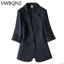 Женский блейзер в полоску с одной пряжкой, весенние куртки с рукавом «Семь четверти», женские костюмы, пальто, тонкая Рабочая женская верхняя одежда, большие размеры