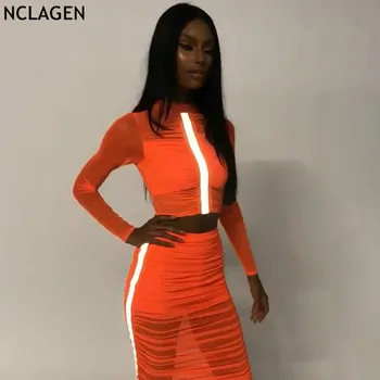 

NCLAGEN 2019 Sexy Reflective Striped Patchwork Transparent Mesh 2 PCs Skirt Set Women Slim Crop Tops T Shirts & Booty Skirt