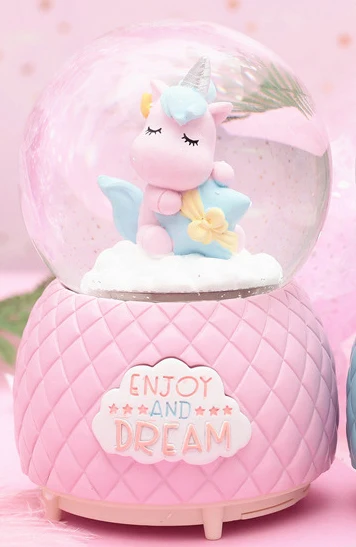 Bolafynia Единорог мечтательный Снежный, хрустальный шар снег+ светильник+ Музыка для детей на день рождения Рождественский подарок игрушка - Цвет: pink