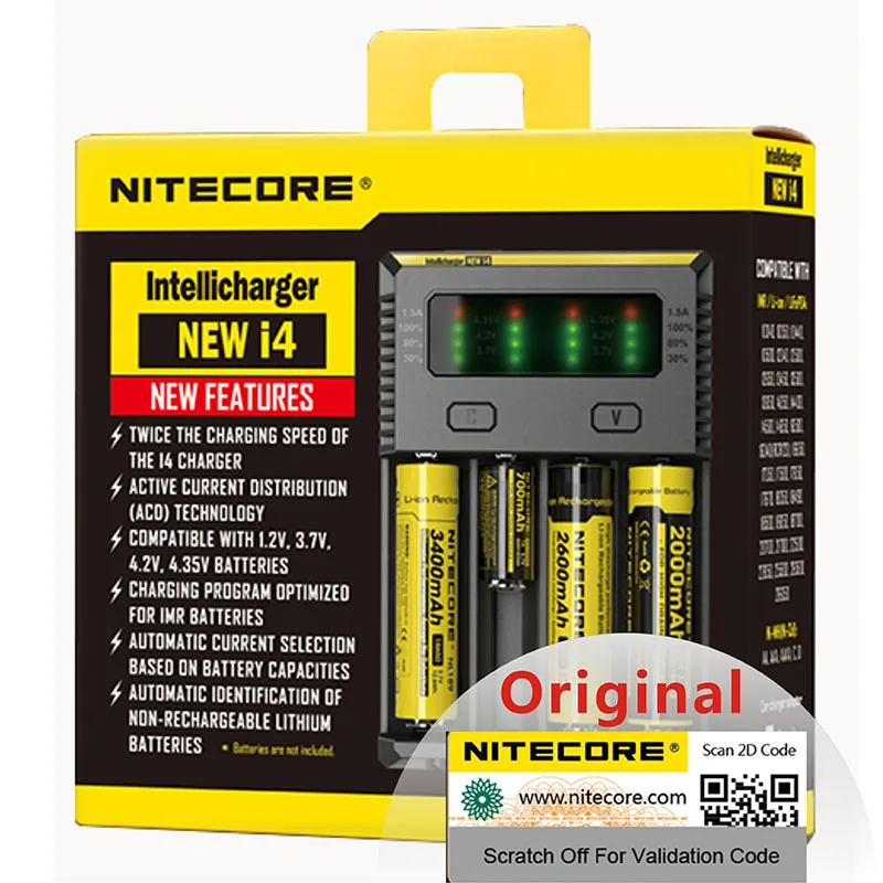 Оригинальное Nitecore Новое I4 зарядное устройство 18650 14500 16340 26650 LCD Li Ion быстрое 12V для