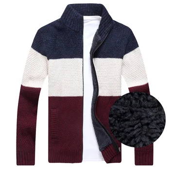 

Autumn Winter Cardigan Men Warm Fleece Sweatercoat Men Fashion Patchwork Color Stand Zipper Collar Sweater Men Knitted Wear