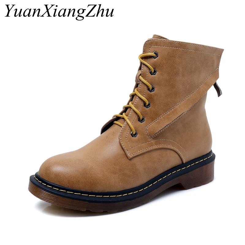 

2018 Autumn Early Winter Women Boots Plus size Shoes Woman Pu Leather Lace-Up Flat Heel Dr Martin Boots Female Motorcycle Boots