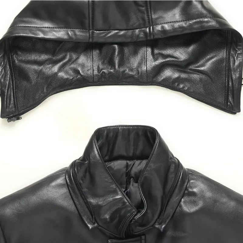Зимнее кожаное пуховое пальто с капюшоном, отстегивающийся утиный пух, дизайн ласточкин хвост, Натуральная овечья кожа, брендовая куртка черного цвета, 71C7131