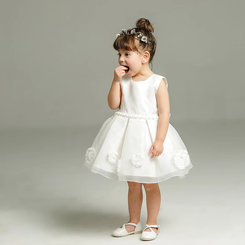 Baby White Dress 2017 New Bewborn Dress Pearl Flowers Ball Gown Girl