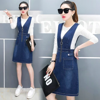 

new 2018 spring korean fashion cowboy dress long sleeve sweatshirt big yards tank basic dress two pcs braces suits summer set
