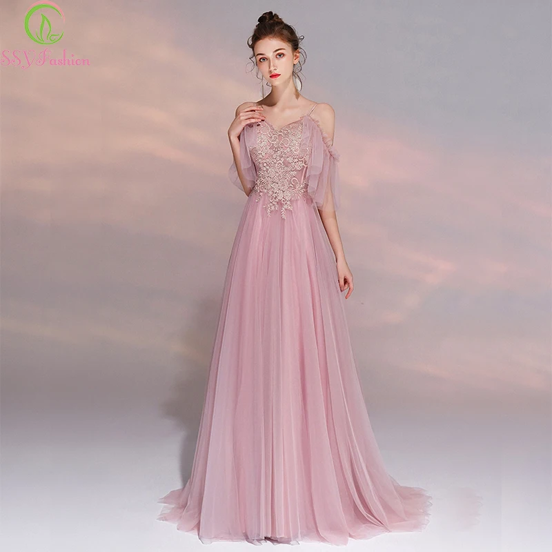 Женское вечернее платье со шлейфом SSYFashion длинное розовое с кружевной