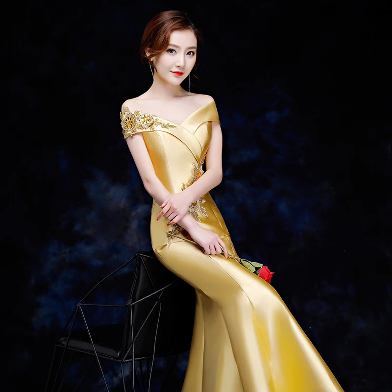 

2019 Mermaid Evening Dress Short Sleeve Gold Appliques Pageant Prom Dress Shiny Satin Cocktail Party Gown Women Evening Dresses