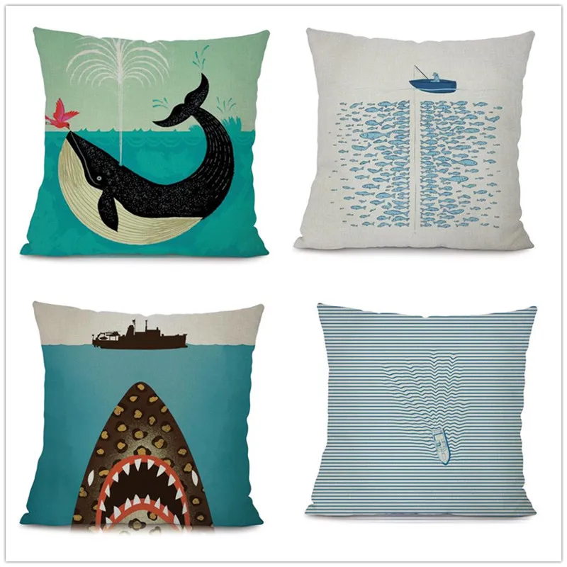 

Cotton Linen 18" Blue Sea Series fish Print Home Decorative Throw Cushion Whale Car Seat Soft Waist Cushion No Filling
