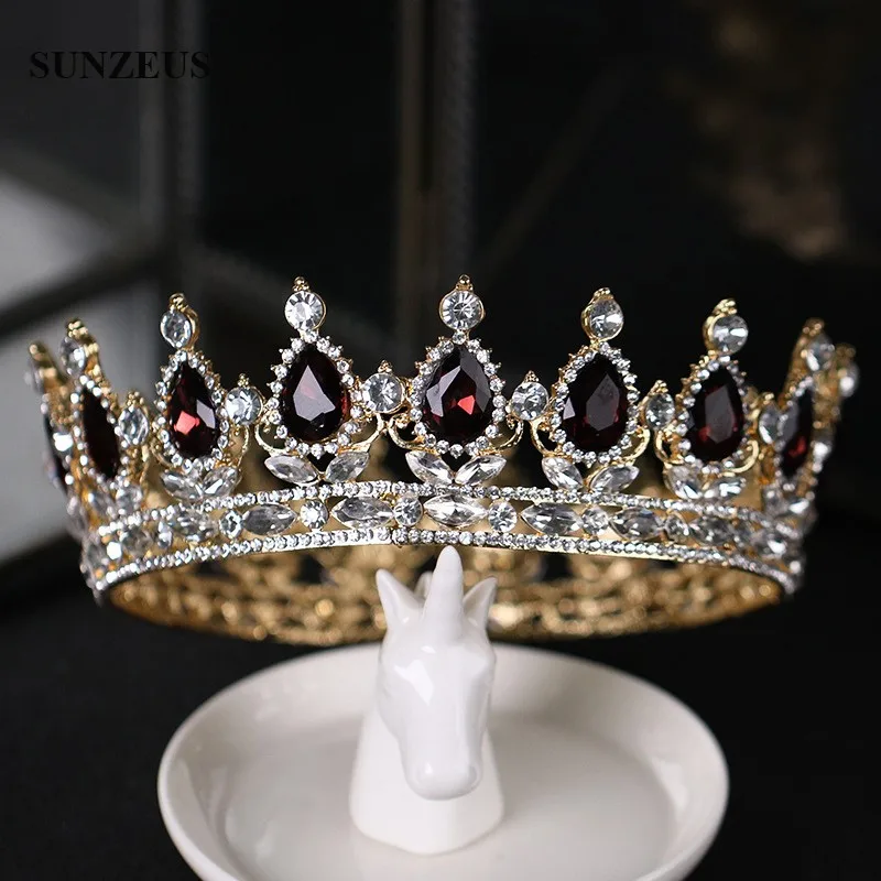 Luxury Round Queen Crowns Shinny Crystal Gold Bridal Tiara With Burgundy Rhinestones New Princess Marrige Accessory SQ0295 - Цвет: picture color