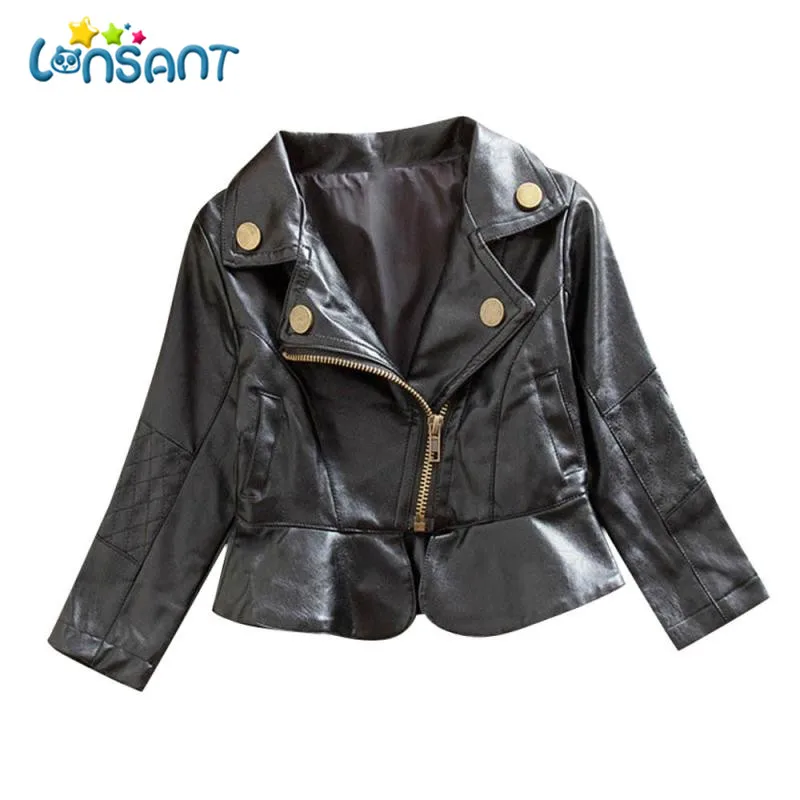

LONSANT Jackets Baby Girls Coat PU Leather Zipper Jacket Tops Baby Autumn Winter Clothes Solid Warm Clothes Dropshipping De14