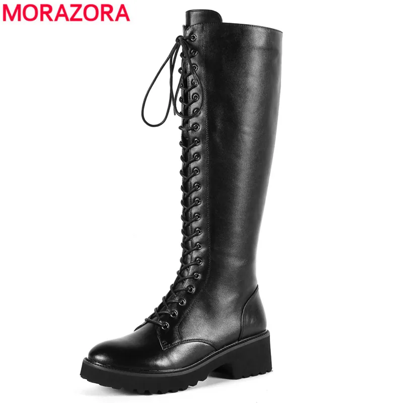 

MORAZORA 2020 New high quality genuine leather boots women lace up knee high boots black square heel winter boots ladies shoes