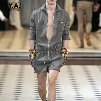 

Summer Runway Mens Long Sleeve Cargo Jumpsuits Zipper Elastic Waist Beach Shorts One Piece Bib Overalls Casual Streetwear Shorts