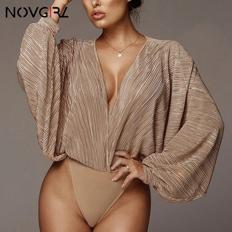 Novgirl Sexy Deep V Neck Long Sleeve Loose Women Jumpsuit 2019 Spring Autumn Patchwork Fashion Bodysuit Clubwear Casual Overalls black corset bodysuit
