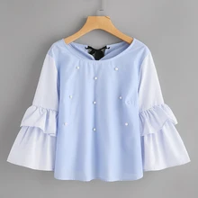 2017 New Fashion Women Vintage Flare Sleeve Beading Decoration Blouses Shirts lady o neck pullover Feminine Blusas Tops C702