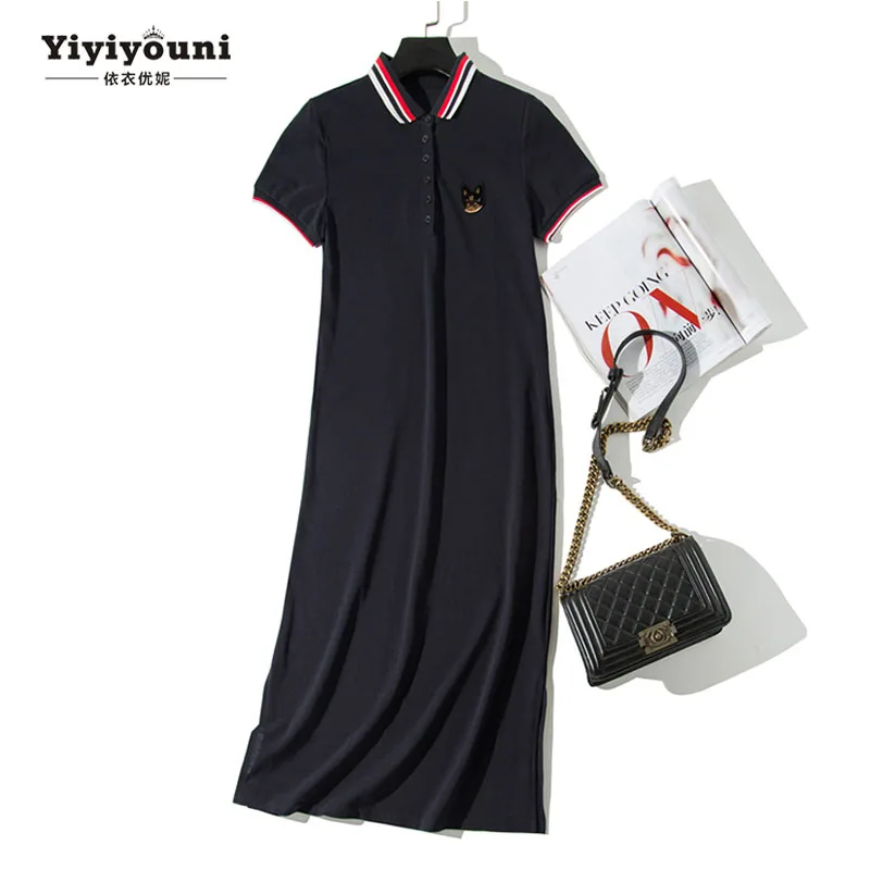 Summer Midi Dog Appliques T Shirt Dress Women Polo Collar Button Split Sundress Navy Black Casual Loose Dresses Plus Size M-2XL