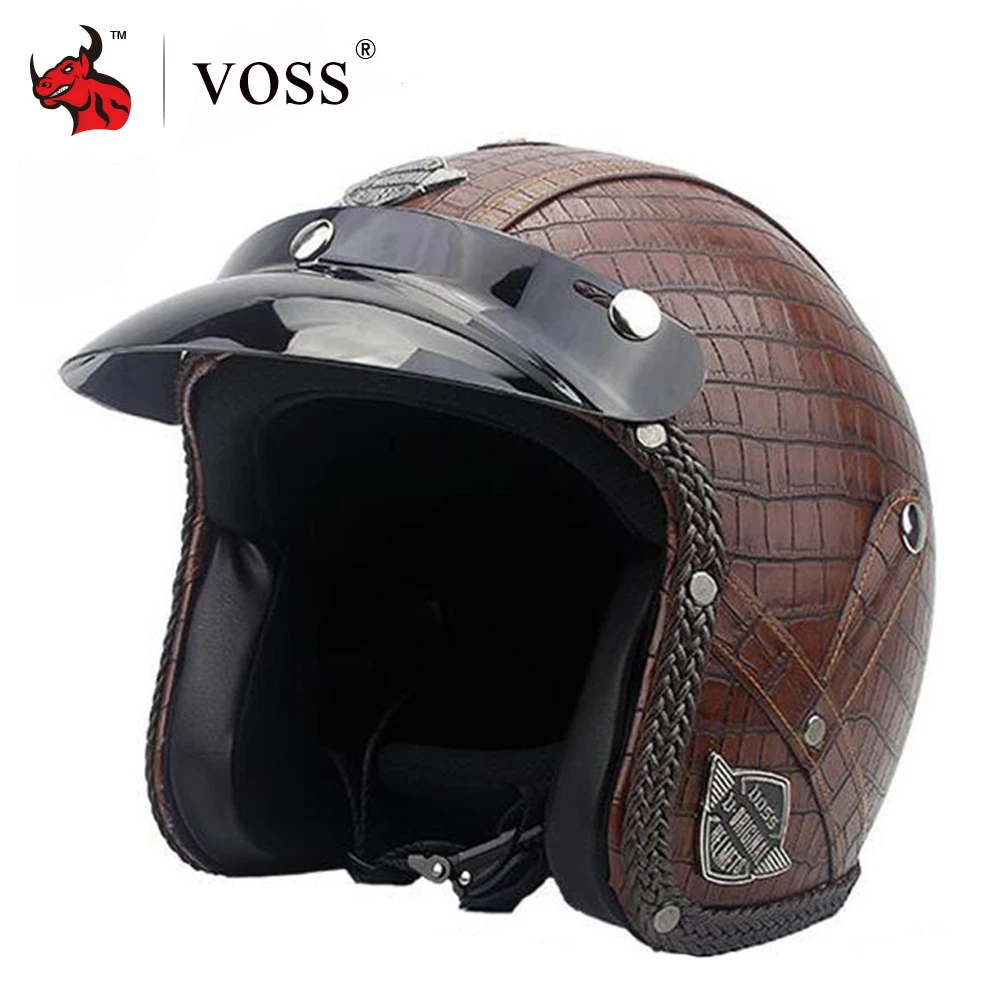 

VOSS Motorcycle Helmet PU Leather Retro Vintage Cafe Racer Moto Helmet 3/4 Open Face Crash Helmet Casco Casque Scooter Helmets