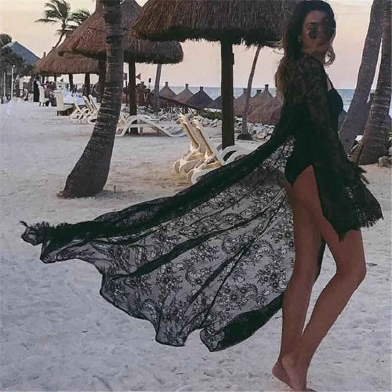 

Sexy Transparent Embroidery Long Beach Kimono White Long Sleeve Belted Fringed Beach Blouses Plus Size Women Clothes 2019 N516