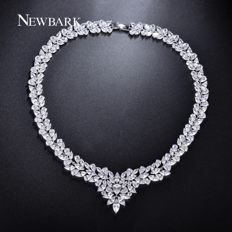 

NEWBARK Silver Color Cubic Zircon Bridal Jewelry Necklace Leaf Shape Rhinestone Choker Necklaces for Women Wedding