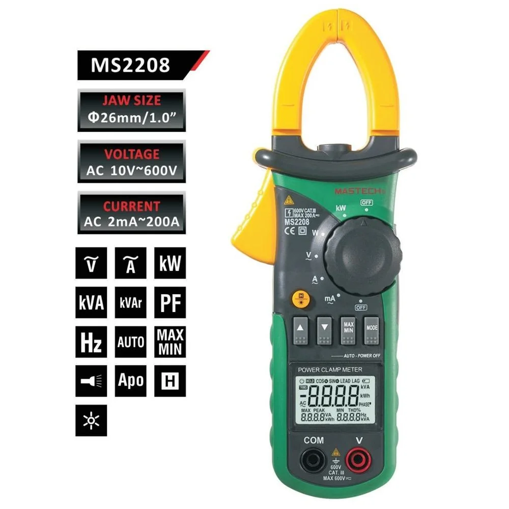 Mastech MS2208 Harmonic Power Clamp Meter Tester Multimeter Trms