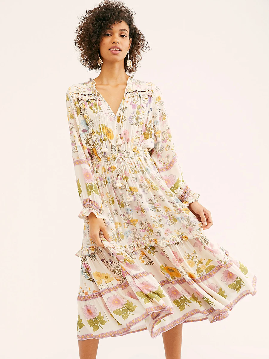 

Jastie Wild Bloom Midi Dress V-neck Long Sleeve Spring Autumn Dresses Beach Boho Floral Print Dress Women Clothing 2019 Vestidos