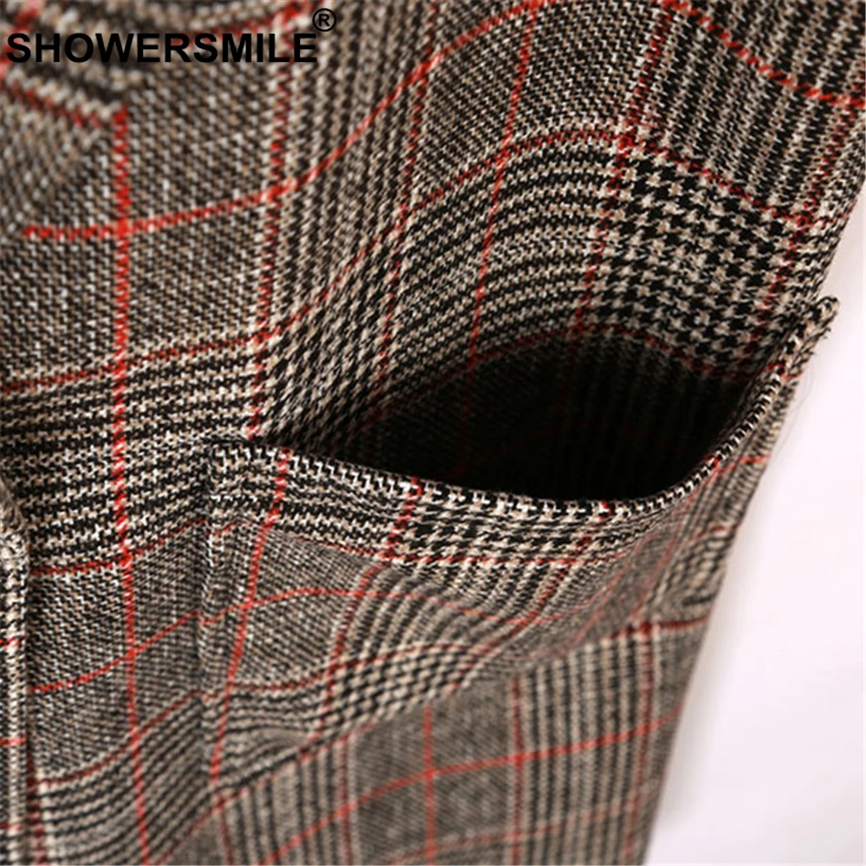 SHOWERSMILE Houndstooth Vests Women Long Grey Check Plaid Coat British Style Sleeveless Vest Female Lapel Collar Retro Waistcoat