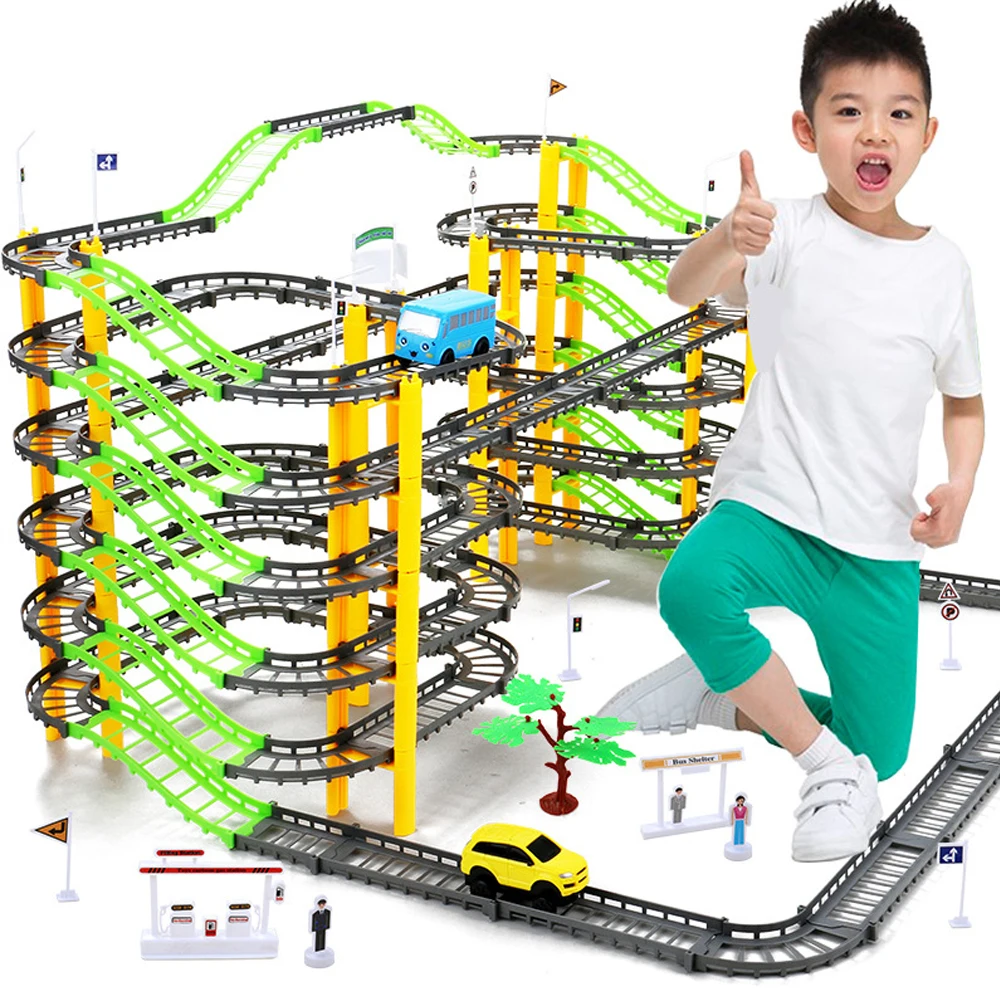 

155pcs/set Magical Race Tracks Set 7-Layers Electric Railway Car Toys Assemble Racing Tracks Parking Lot Toys for Children Gift