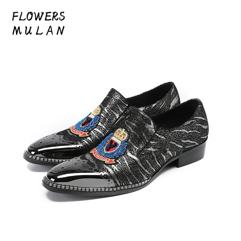 

Fashion New Handmade Men Dress Shoes Metal Toe Slip On Male Lazy Shoes Mixed Color Embroidery Upper Height Increasing Footwear