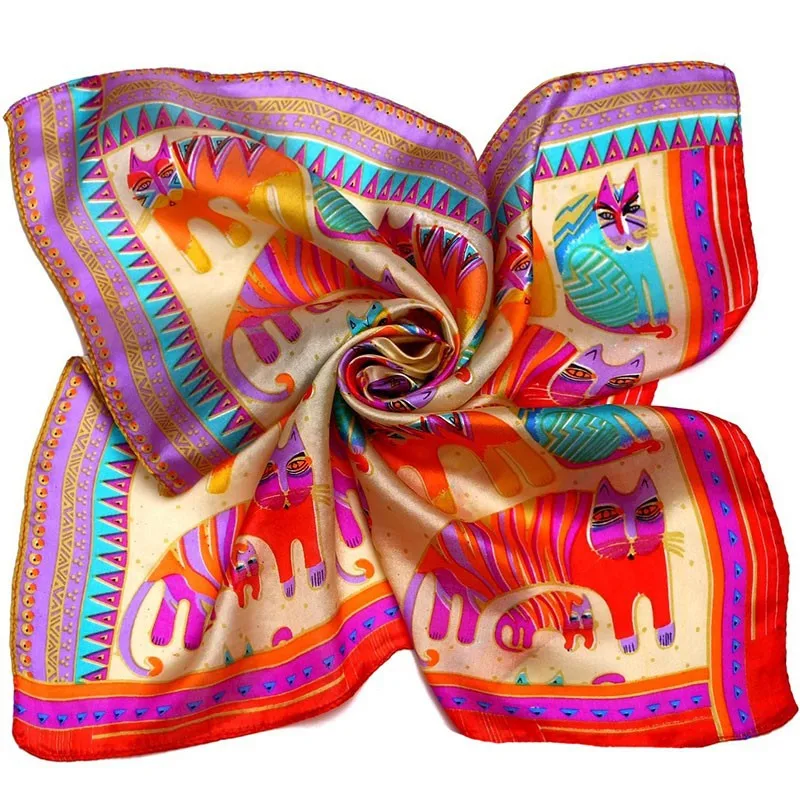 Шелковый шарф, женский шарф, кошачий шарф, шелковая бандана,, платок с принтом, маленький квадратный шелковый шарф, роскошный подарок для леди