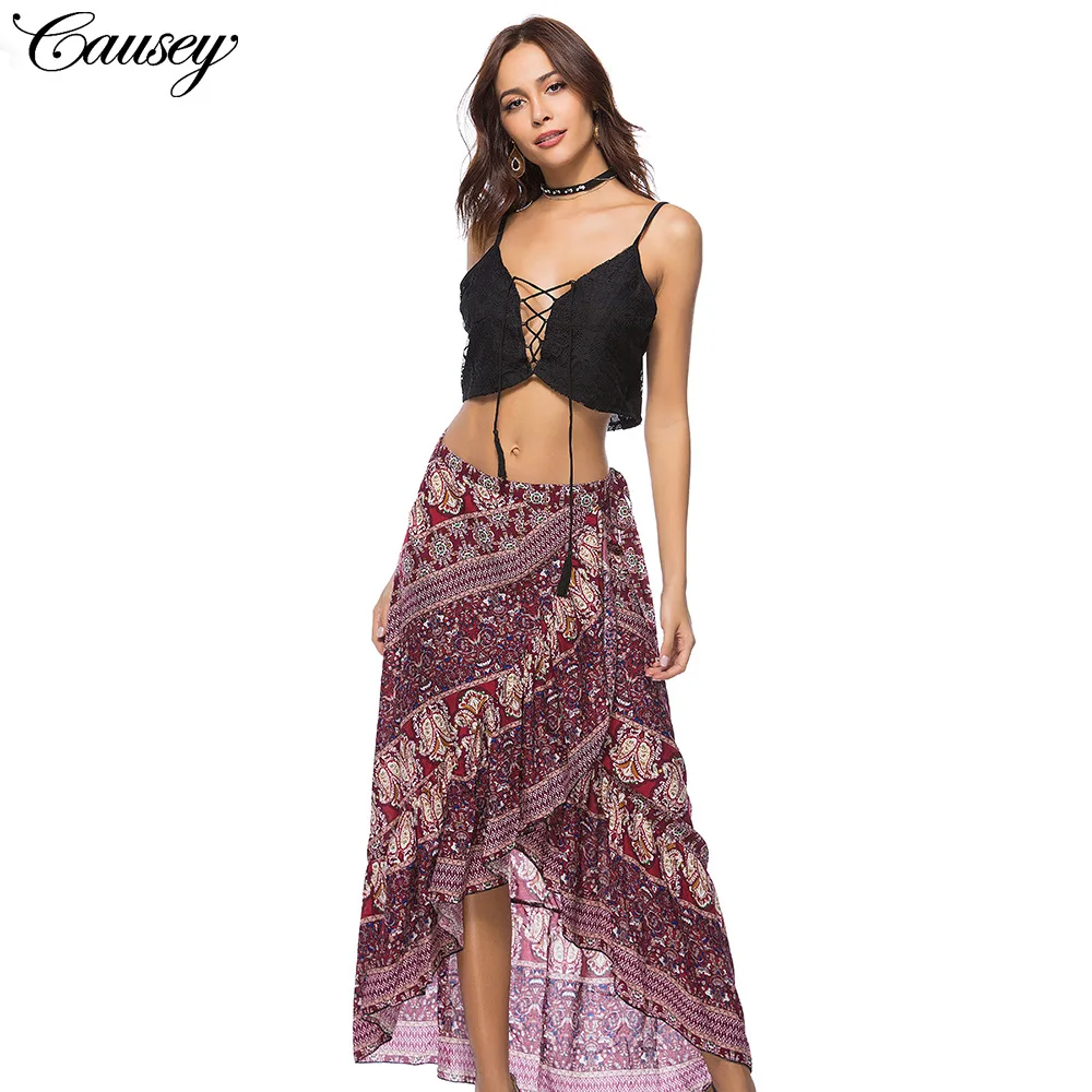 Women 2018 Summer Boho Floral Print Pleated Long Maxi Skirt Bohemian Vintage Floor Length Sexy Ruffle Beach Skirts Womens | Женская