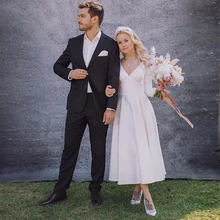 Элегантное свадебное платье длиной до середины икры с длинными рукавами и v-образным вырезом, атласное Короткое свадебное платье, белые цвета слоновой кости на заказ, Vestido De Casamento, новинка