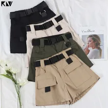 Женские летние шорты-карго с высокой талией, повседневные свободные шорты с ремнем с пряжкой и карманами в стиле хип-хоп, уличная одежда