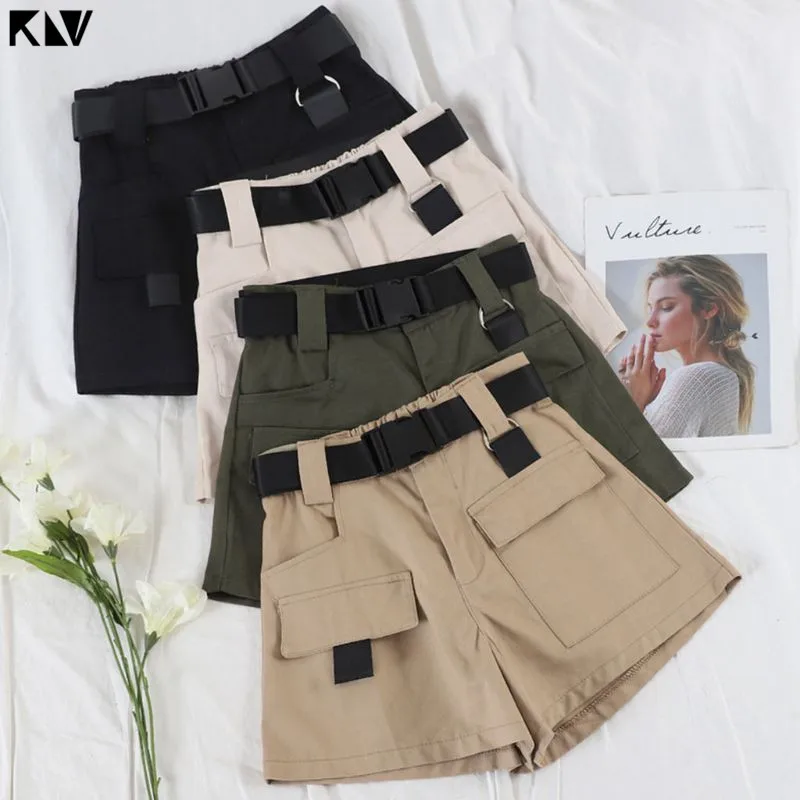 

Women Summer High Waist Mini Cargo Shorts Quick Release Buckle Belt Casual Wide Leg Loose Shorts With Pockets Hip Hop Streetwear