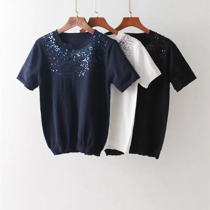 

2018 Summer Women's New Wild Round Top Sequin Short-Sleeve Knit Fabric