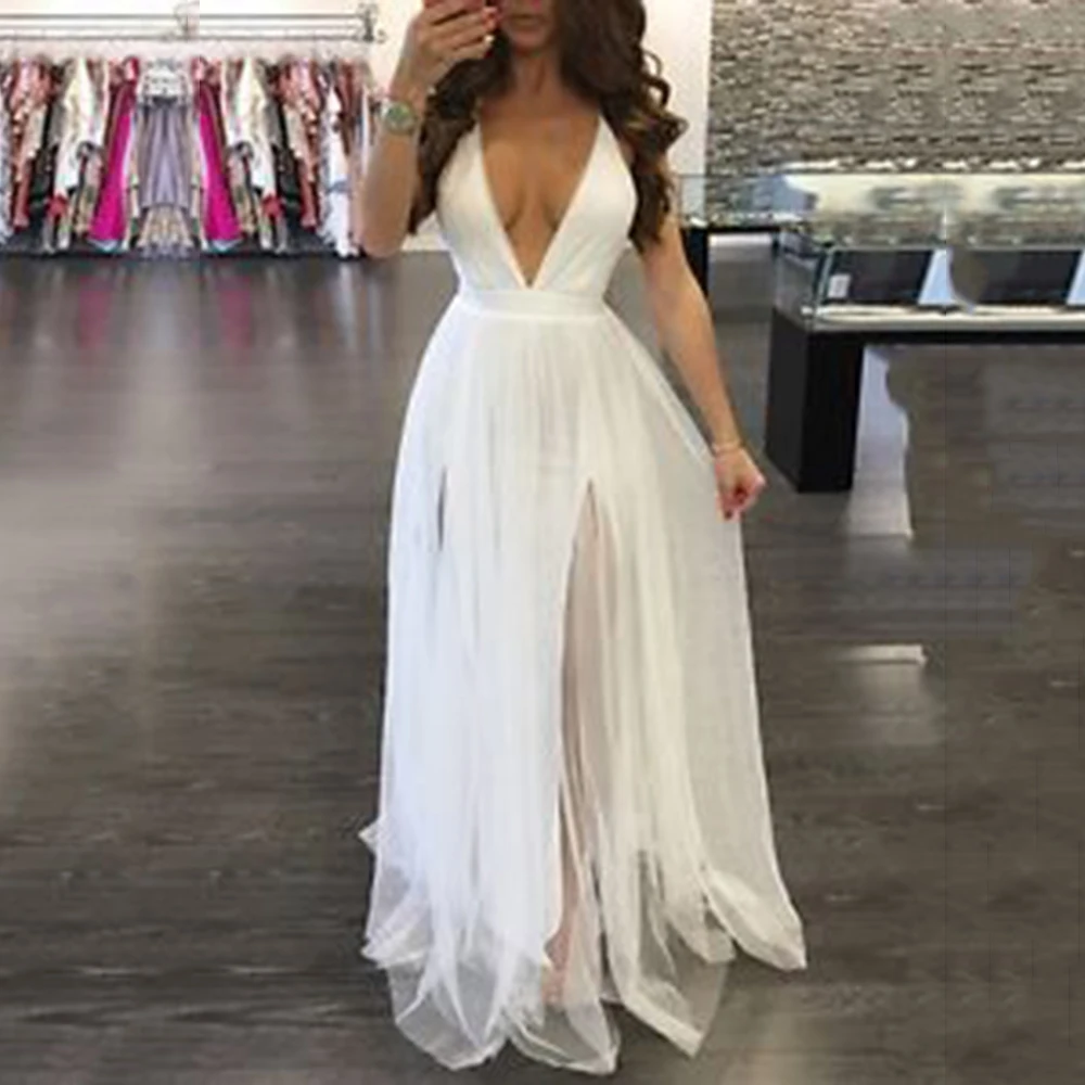 

Women Formal Dress Deep V Neck Sleeveless Backless Sexy Spaghetti Strap White Split Dresses Long Maxi Mesh Party Dress Charming