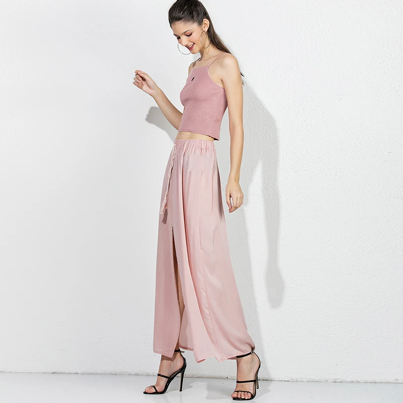 Mostnica/Летняя розовая Повседневная Женская юбка с разрезом Boho, Однотонная юбка на завязках, пляжные, выходные, длинные юбки для девушек, одежда
