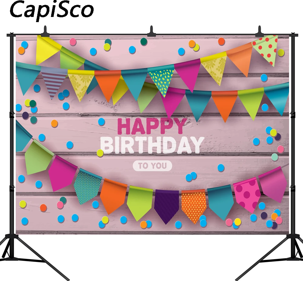

Capisco Happy birthday Colored flag Wooden Board Photographic Backgrounds Customized Photography Backdrops For Photo Studio