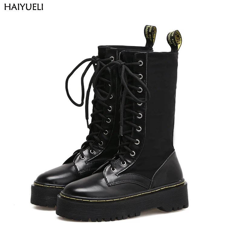 

Size 35-40 Ladies Boots Black Lace Up Rubber Thick Bottom Platform Martin Boots Mid-calf Punk Motorcycle Boots Botas Feminina