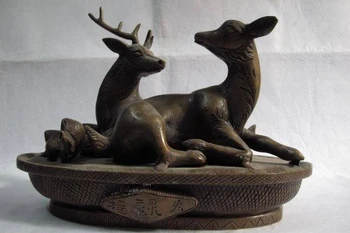 

Chinese classicality bronze copper carved Lucky two Deer peaches fengshui Statue