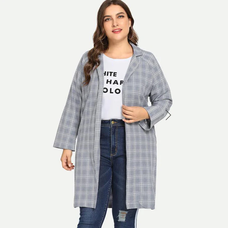 

Plus Size Turn Down Collar Trench Coat Fashion Plaid Side Pocket Autumn Winter Coat Over Size Outerwear 3XL 4XL