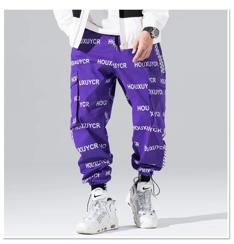Фиолетовый черный Проверки Мужские штаны для бега уличная мода